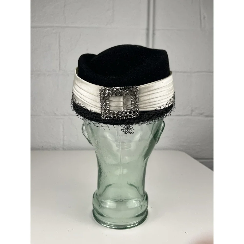 Vintage Pillbox Hat Satin Ribbon Black Ivory Rhinestone Accent Netting Wanamaker